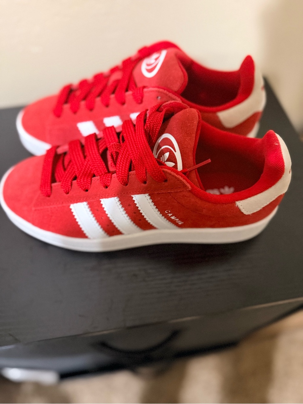 adidas Women’s Campus Red Suede Sneakers with White Stripes. Size 6W NWOT - Picture 2 of 5